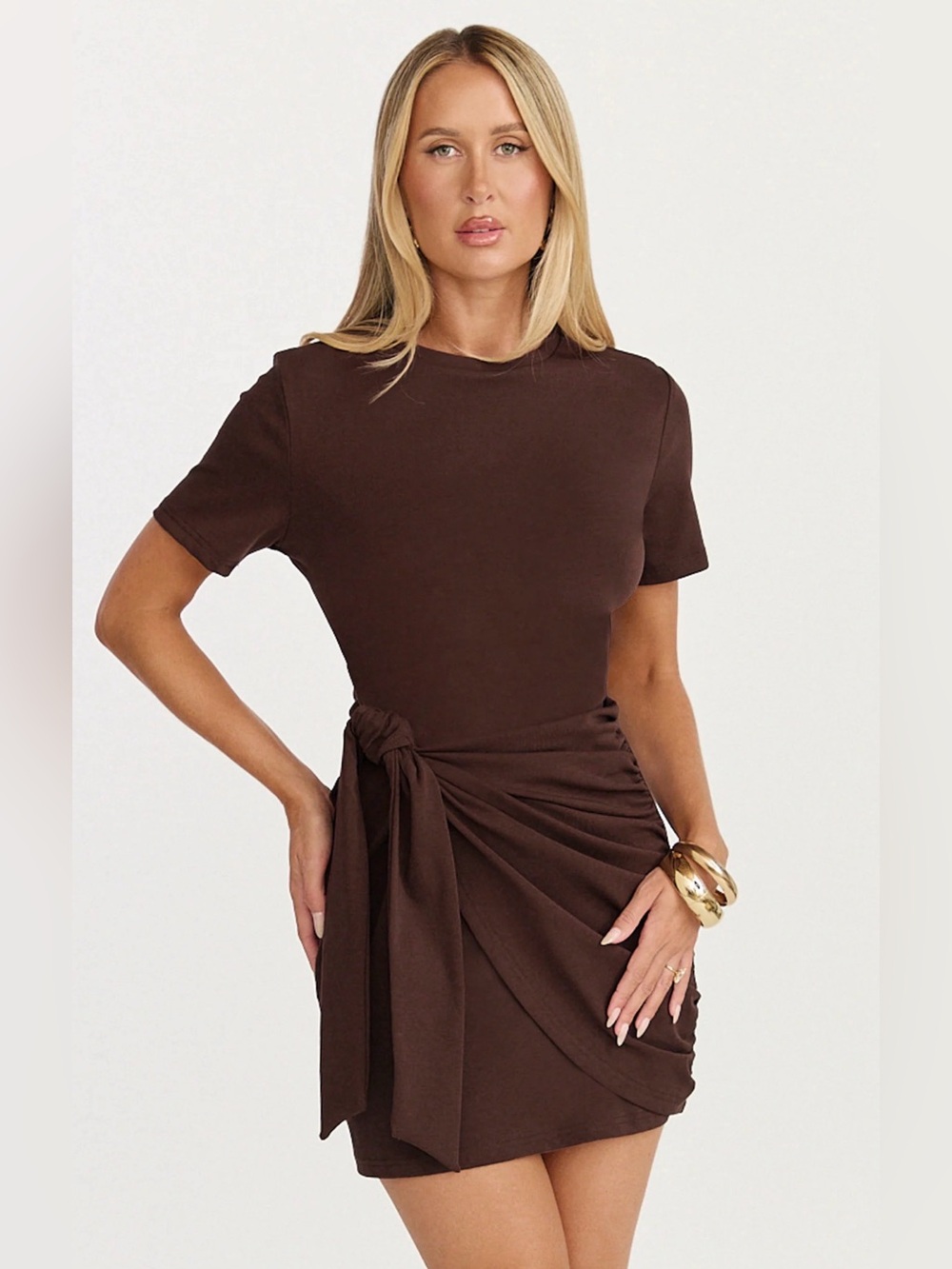 Showpo. Brown Short-Sleeve Tie-Waist Women's mini dress